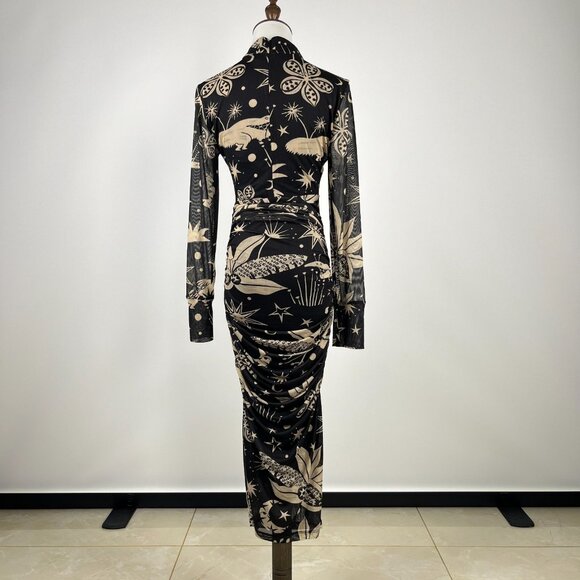 NWOT Farm Rio Cerrado Sky Tulle Midi Dress Long Sleeves Size XS Black and Cream - Picture 5 of 10